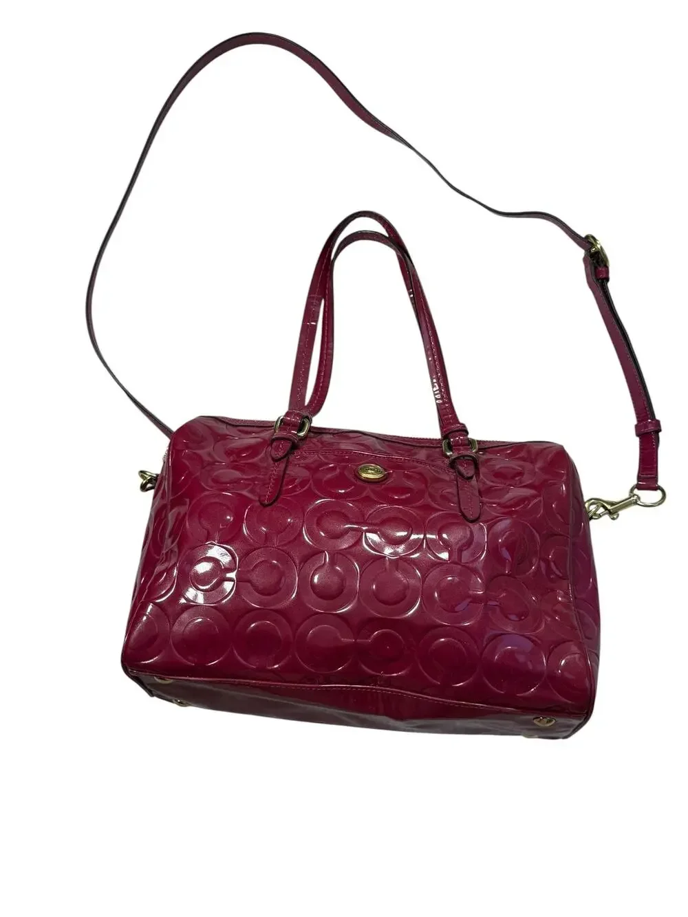 Coach Peyton OP Art Satchel Bag Shimmer Berry Logo Embossed